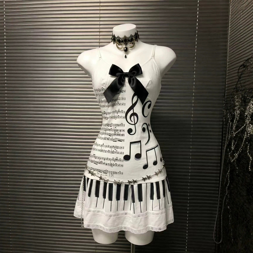 Zara Black White Piano Keys Spaghetti Strap Slim Lace Trim Mini Dress